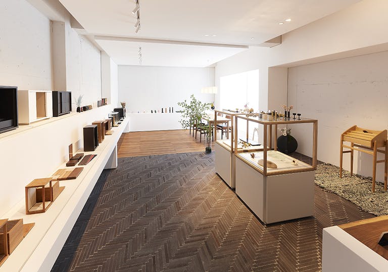 様々なデザインの位牌や仏具の展示コーナー